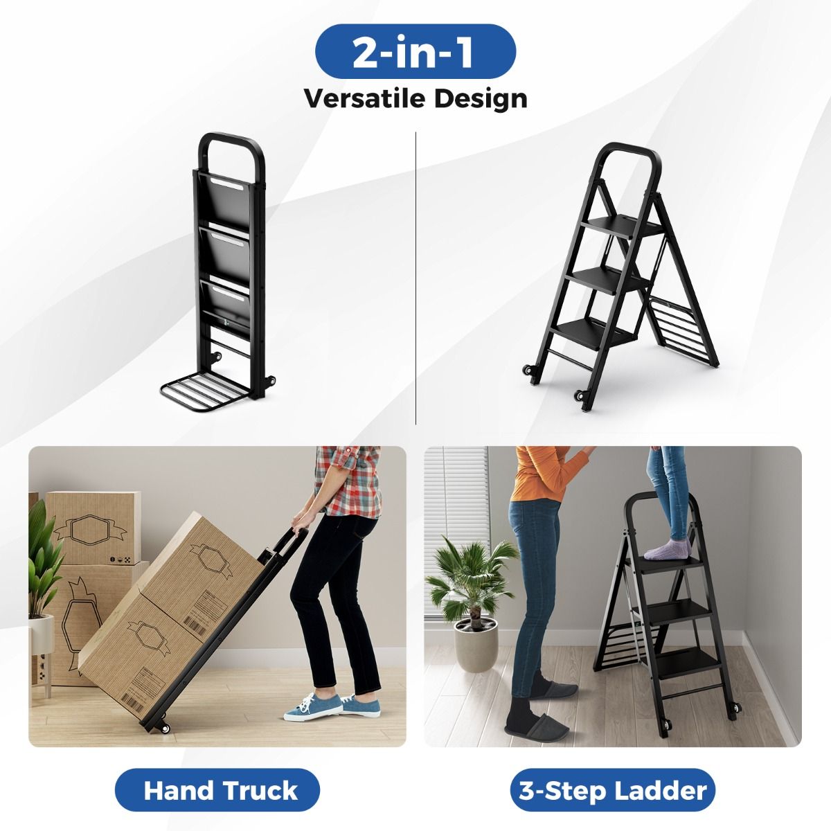 Coast Opvouwbare Trapladder en Trolley - 2-in-1 ontwerp - 3 brede treden - Zwart