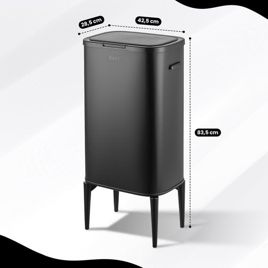 Bayt Prullenbak op pootjes - Prullenbak 60 Liter vuilniszakken - Vuilnisbak - Afvalbak - RVS - Zwart - 53L