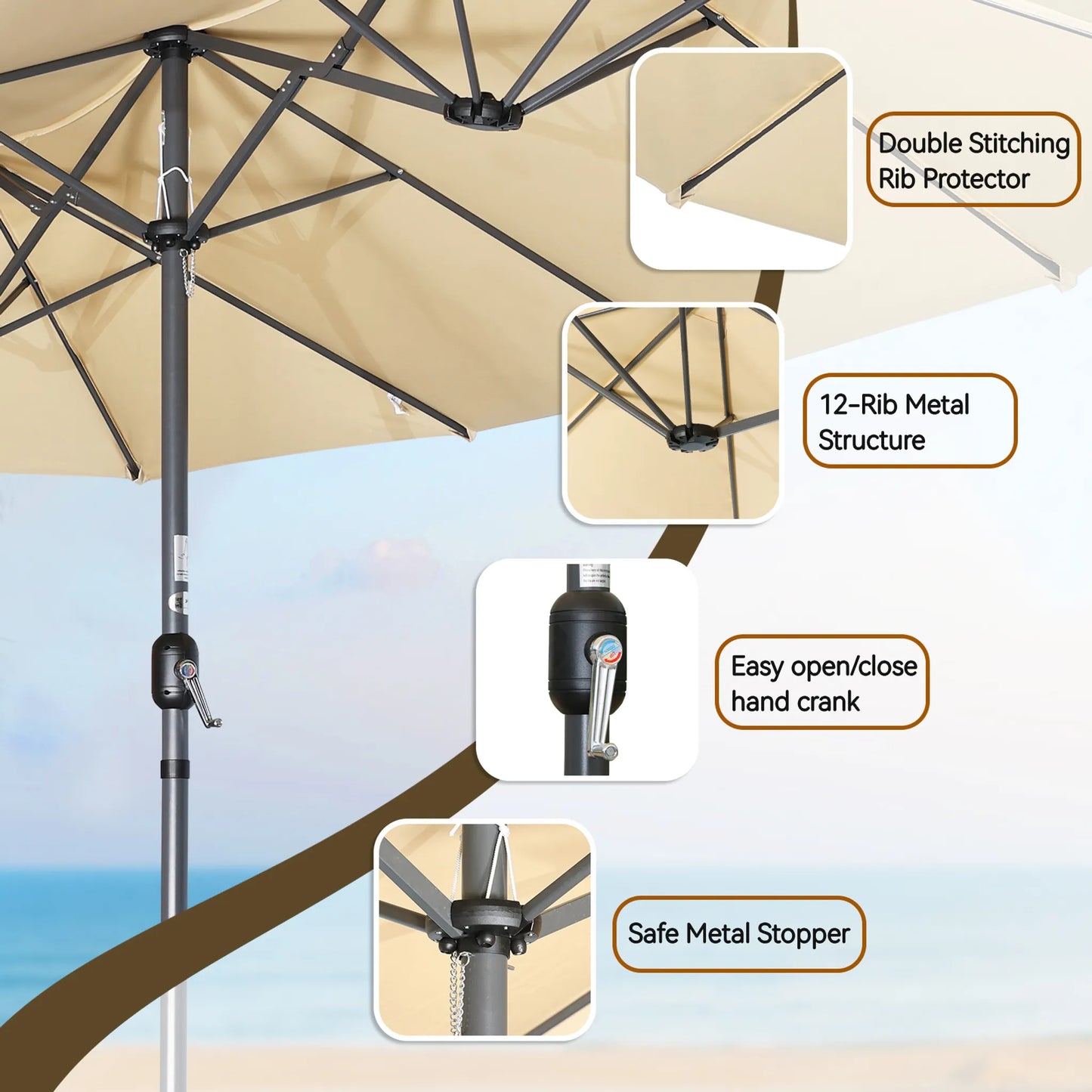 Angel Living Dubbele parasol - 460 x 270 cm - met draaislinger - UPF 50+ - beige