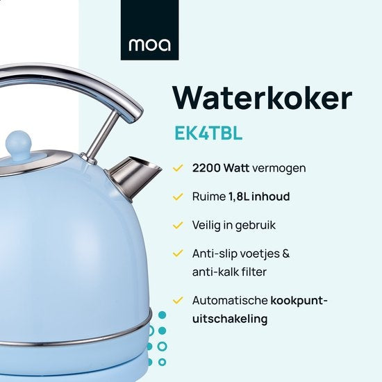 MOA Waterkoker Retro - 1.8L - RVS - BPA vrij - 2200W - 21.30x21.40x28.60 cm - Pastel blauw