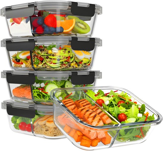KitchenBrothers Meal Prep Bakjes Set - Met Scheiding - Glazen Vershoudbakjes - Twee Compartimenten - Luchtdicht - BPA Vrij - Diepvriesbakjes - Bewaarbakjes - 5L - Glas - 5 Stuks