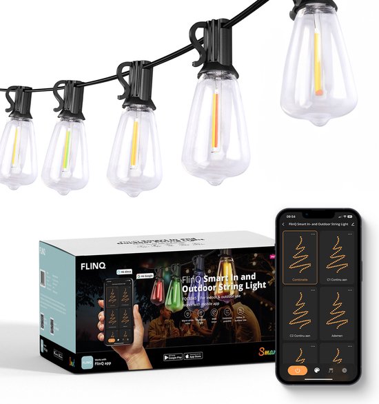 FlinQ Smart Lichtsnoer Premium - LED Lichtslinger voor Buiten - Tuinverlichting 15 meter Lang Snoer - Slinger met RGB Lampjes - Sfeerverlichting / Partylights - Partyverlichting