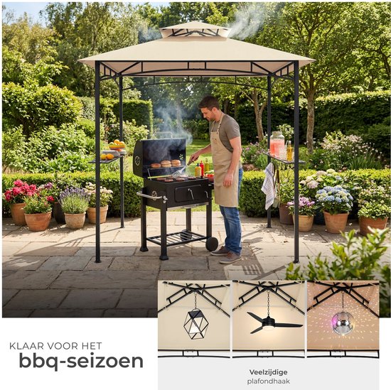 tectake® Barbecue Paviljoen - BBQ Overkapping - 240 x 150 x 250 cm - Tuinpaviljoen - Weerbestendig - UV-Bescherming - Dubbel Daksysteem - Gazebo met Ophanghaken, Roosterplanken en Flesopener - Grillpaviljoen - Zandkleur
