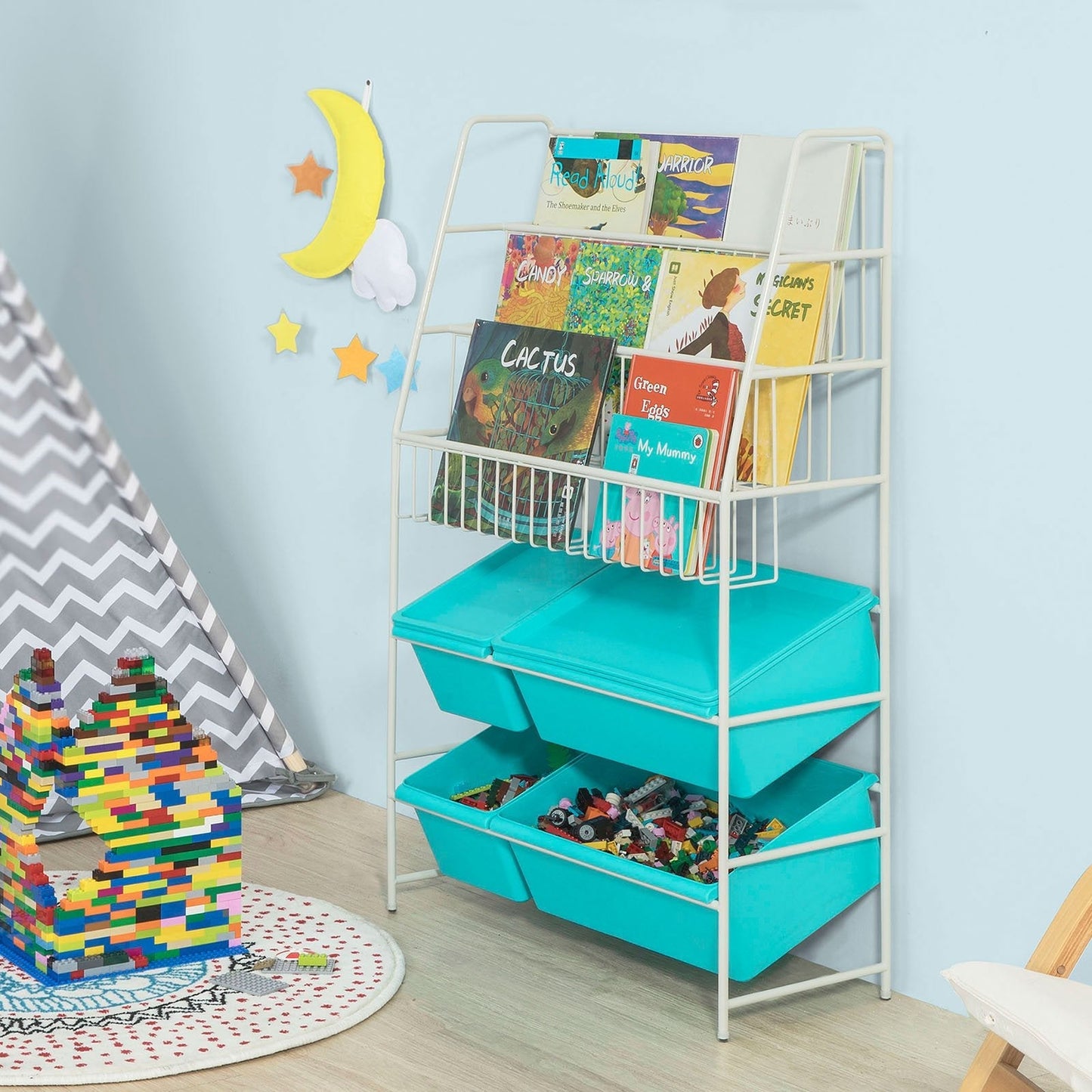 SoBuy Opbergrek voor Kinderen - Met boekenkast - Max. 50 kg - 61 x 25 x 102 cm - Blauw / Wit