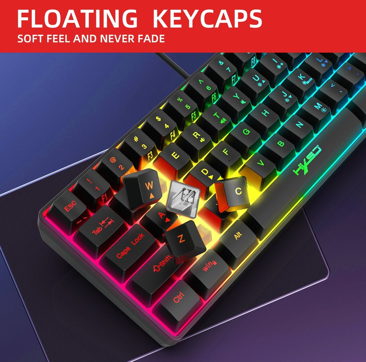 HXSJ V700 RGB Membraan bedrade gaming toetsenbord - 61keys - Qwerty - Zwart