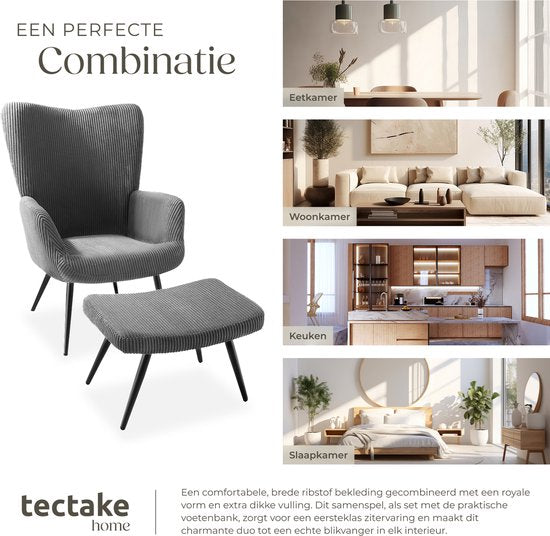 tectake® Oorfauteuil met Hocker – Scandinavische Teddy Bouclé Fauteuil – Lounge- en Woonkamerstoel – Zwart Metalen Poten – Draagvermogen 150kg – Corduroy - Grijs