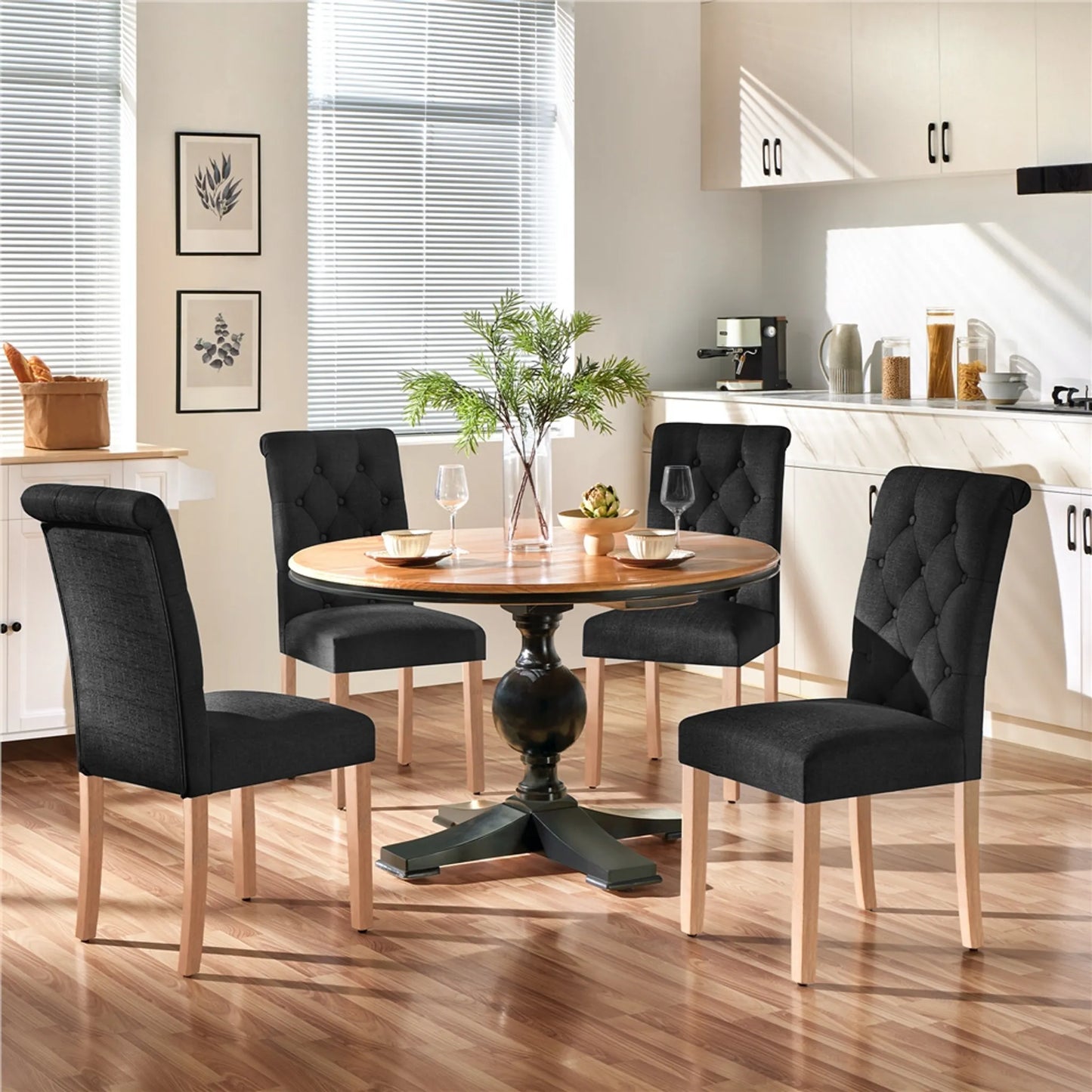 Yaheetech Eetkamerstoel Met Hoge Rugleuning 2 Stuks – Voorzien Van Gecapitonneerde Rug En Massief Eikenhouten Poten En Verstelbare Beschermpoten – Voor Keuken En Restaurant – Zwart Polyester En Eikenhout – 45,5 x 62 x 98,5 cm
