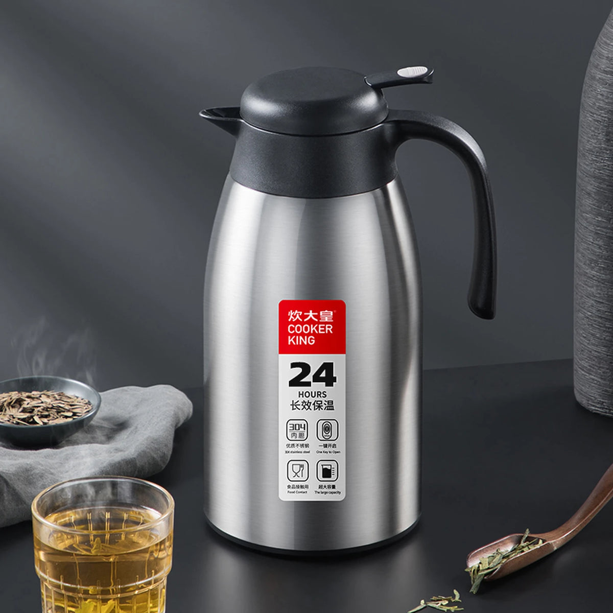 COOKER KING Thermoskan voor Heet Water - 2,2 Liter - RVS 304 - Vacuümisolatie - Zwart/Multicolor