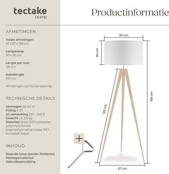 tectake Lunaris Vloerlamp – Driepoot – Linnenlook Lampenkap – E27 – 158 cm