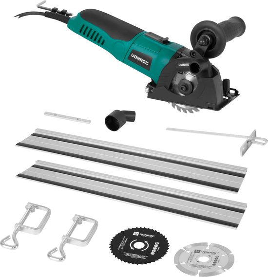 VONROC Mini cirkelzaag / invalzaag 500W - Ø85mm – Met geleiderail – Variabele snelheid - Incl. 3 zaagbladen
