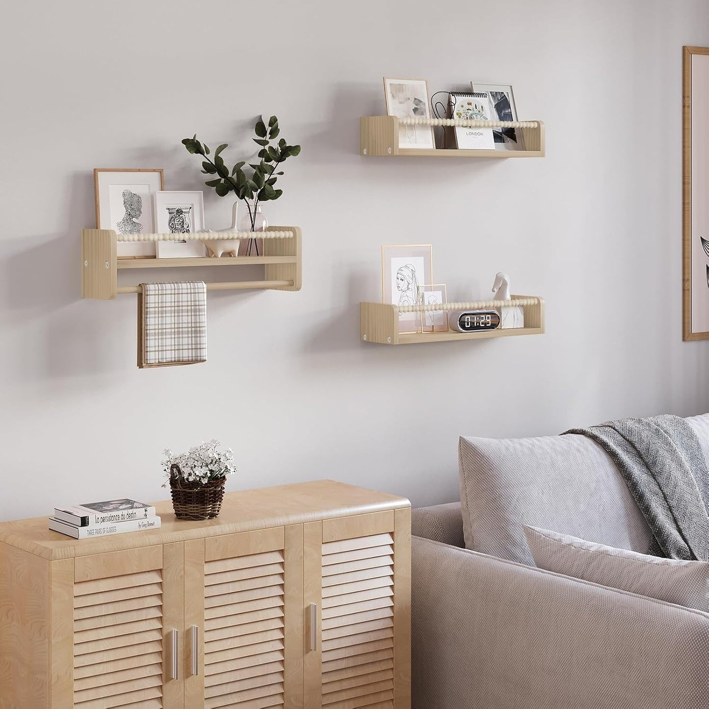 Woltu Kinderboekenplank Set van 3 Wandplanken - Massief Dennenhout Naturel - 50 x 14 x 15 cm - Zwevende Montessori Boekenplanken voor Kinderkamer