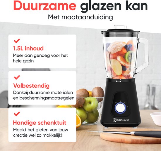 Kitchenwell Blender - Krachtige 1300 Watt Smoothieblender - 1.75 Liter - Glazen Kan - 3 Standen - Inclusief Sportbeker - RVS/Zwart