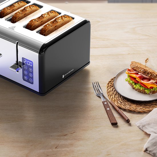 KitchenBrothers Broodrooster - Toaster - 6 Warmteniveaus - 4 Extra Brede Sleuven - Touch display - 1630W - RVS/Zwart