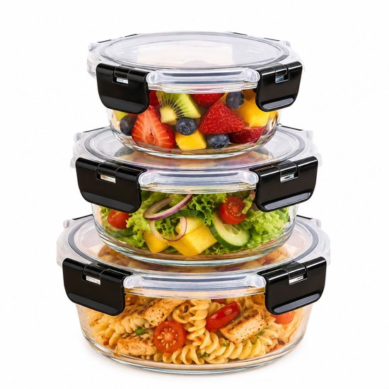 Ceruzo Meal Prep Bakjes Glas – 3 Stuks – Luchtdicht – Rond