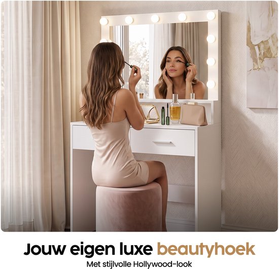 Infinity Goods Kaptafel - Make Up Tafel - Met Spiegel en 11 LED Lampen - Veel opbergruimte - Dimbaar - Wit