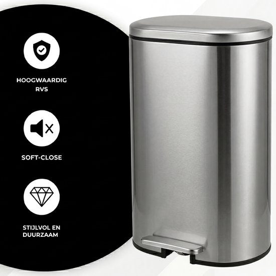 Bayt Prullenbak - Pedaalemmer 50 Liter - Prullenbak 50 Liter - Vuilnisbak 50 Liter - Prullenbak Afvalscheiding - Afvalbak- RVS - Zilver