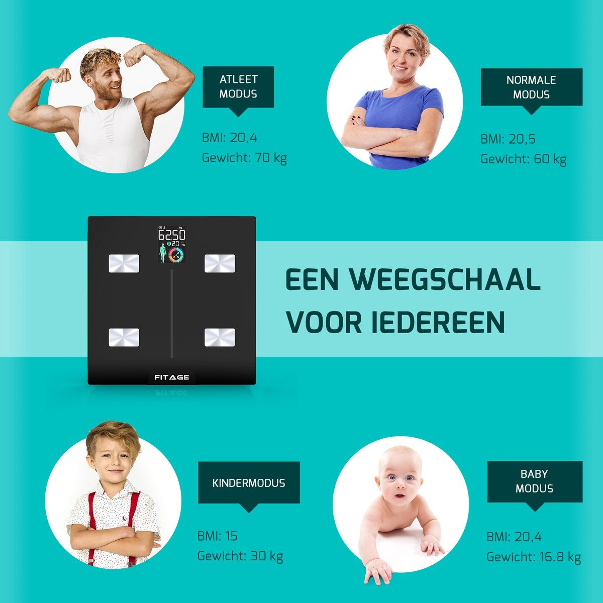 FITAGE LCD Weegschaal Personenweegschaal Digitaal - Slimme Weegschaal met 17x Lichaamsanalyse - Weegschalen - FITAGE App