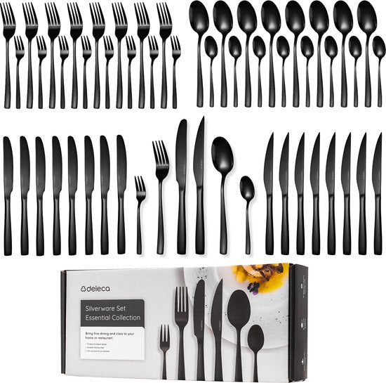 Deleca 8 Persoons Bestekset Essential (48-delig) - Lepels, Messen, Vorken, Steakmessen & Gebaksvorkjes - Vaatwasserbestendig Bestek - Glanzend Zwart / Edelstaal