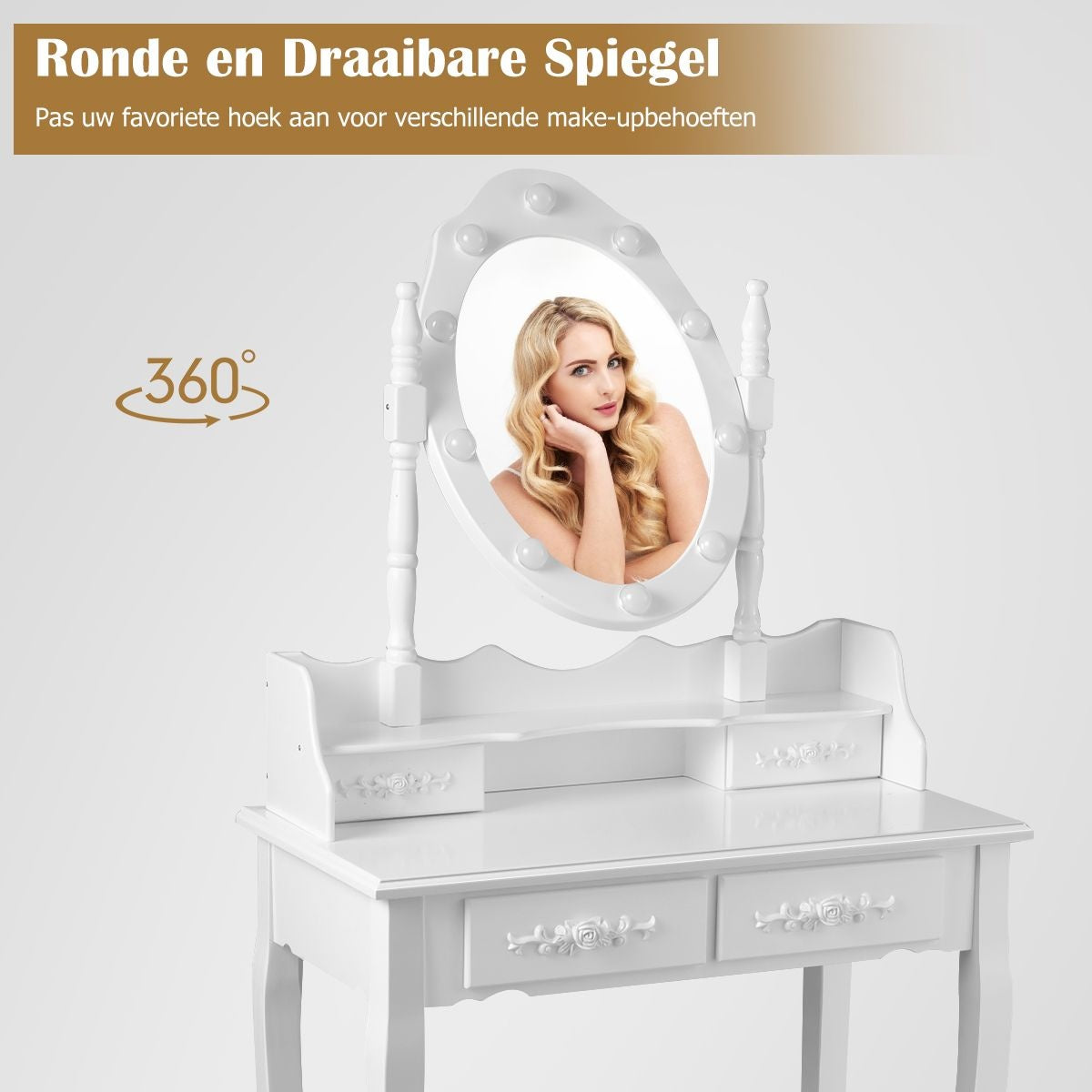 Coast Klassieke Kaptafel met Krukje - LED Lampen - Make up Tafel - 75 x 40 x 146cm - Wit