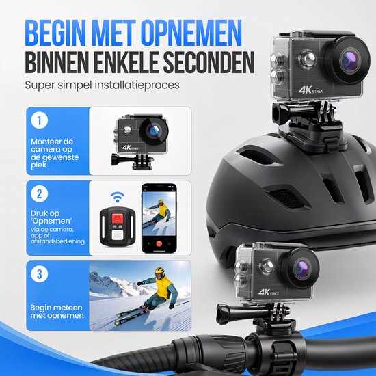 Strex Action Camera 4K 30MP - Tot 30 meter Waterdicht, EIS Stabilisatie & WiFi App - Waterdichte 60FPS Onderwatercamera - Bodycam - Actie camera