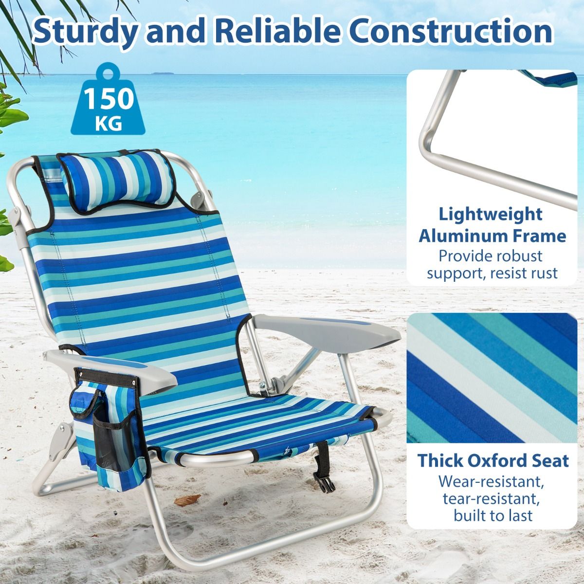 Coast Opvouwbare Strandstoel Set - Verstelbare Rugleuning - Inclusief Koelbox - Blauw