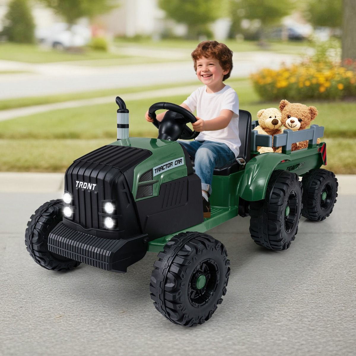 Coast Elektrische Kindertractor met Aanhanger - Dubbele motor - Afstandsbediening - Donkergroen