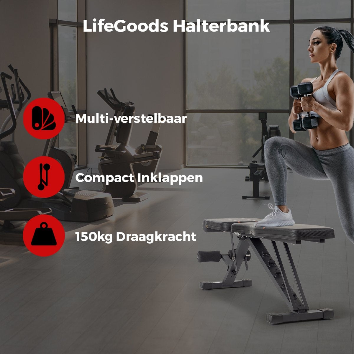 LifeGoods Fitness Halterbank - Fitnessbank - Bench Press - Trainingsbank - Verstelbaar - Inklapbaar - Zwart/Rood