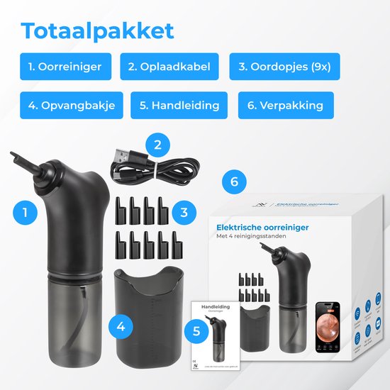Nuvance Elektrische Oorreiniger - Oorsmeer Verwijderaar - Oorspuit - 9 Oordopjes - Oor Uitspuiten - Oorreiniging - Earcleaner