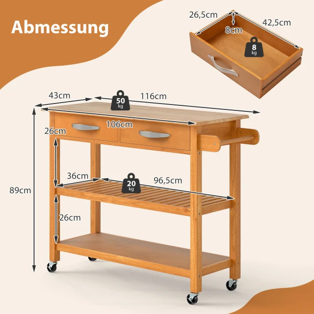 Coast Keukentrolley Hout – Verrijdbaar Keukenrek met 2 Lades en 2 Planken – 106 x 43 cm