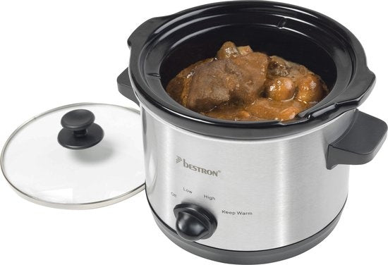 Bestron Slowcooker, met 3 programma's, keramische pan & glazen deksel, voor 2 Personen, 1,5L capaciteit, vatwasserveilig, 120 Watt, kleur: zilver