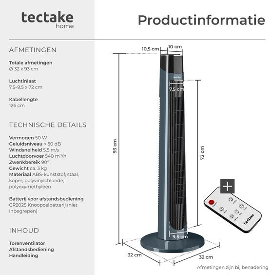 tectake® Torenventilator Arktis - Grote Staande Ventilator met Afstandsbediening - 3 Standen - Timer - 90° Zwenkfunctie - Oscilerend - Waaier - Kolomventilator - Antraciet