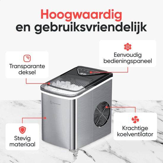 Kitchenwell IJsblokjesmaker – Voorzien Van 2L Watertank En 2 IJsblokjesopties En Rvs Behuizing – Voor Cocktails En Frisdranken – Grijs Roestvrij Staal – 12 kg per 24 Uur