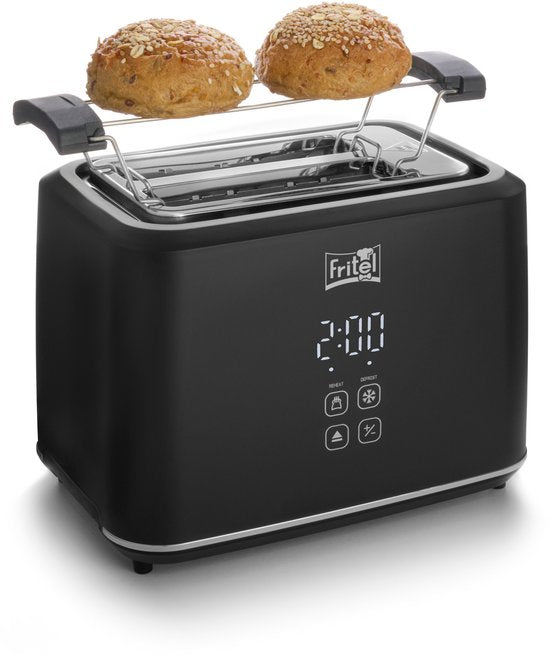 FRITEL Toaster TO 2995 - Stijlvolle Broodrooster - 2 Sleuven - 7 Toastniveaus - 850W - Touch Display - Mat Zwart - Uitneembare kruimellade + Broodjesopzet