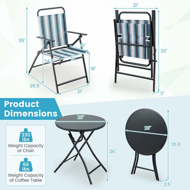Coast 3-delige balkon set bistrotisch met 2 vouwstoelen zitplaatsen ingesteld met robuust metalen frame