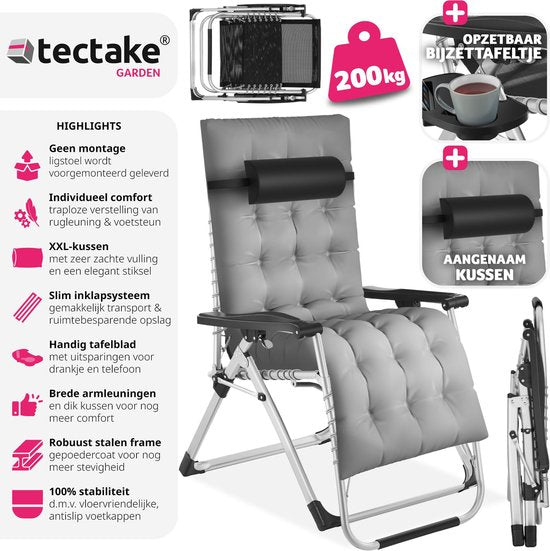 tectake® - ligbed opklapbare ligstoel, tuinligstoel, traploos verstelbaar, buitenfauteuil voor balkon of tuin, ligstoel met extra dik kussen, relaxligstoel belastbaar tot 200 kg (grijs)