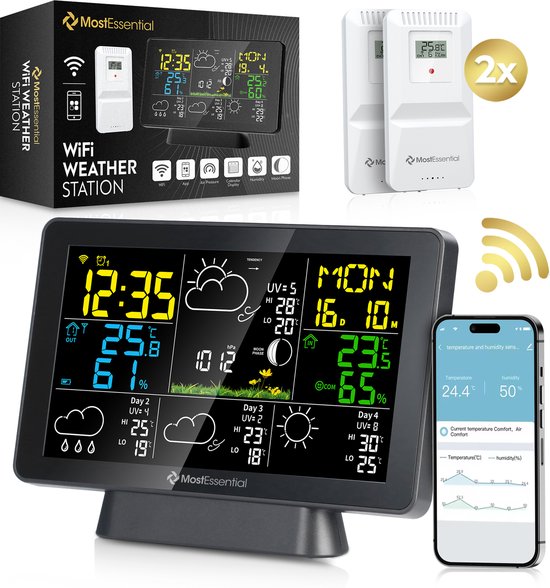 MostEssential Weerstation Wifi Edition - Draadloos Weerstation met Buitensensor - Hygrometer - Binnen en Buiten - 150 Meter Bereik - Inclusief App - Zwart - 2 sensors