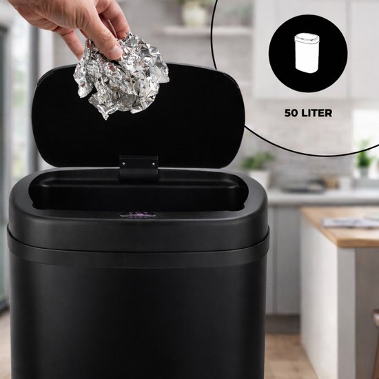 Bayt Prullenbak - Prullenbak 50 Liter - Prullenbak met Sensor - Vuilnisbak - Afvalbak - Metaal - Zwart