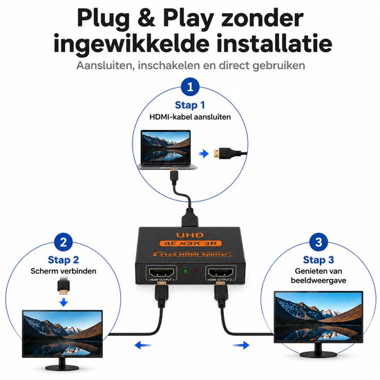 HDMI Splitter 1 in 2 uit - HDMI Verdeler met Beeld Dupliceren - 1 HDMI Ingang naar 2 HDMI Uitgangen - 4K HDMI Splitter voor TV, Monitor en Beamer - Plug & Play - Compacte HDMI Adapter Zwart
