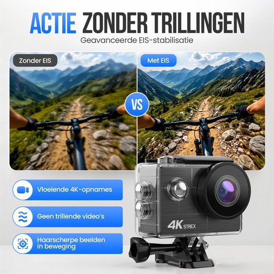 Strex Action Camera 4K 30MP - Tot 30 meter Waterdicht, EIS Stabilisatie & WiFi App - Waterdichte 60FPS Onderwatercamera - Bodycam - Actie camera