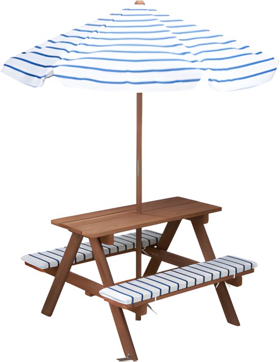 Pro Garden Picknicktafel voor kinderen - blauw/wit - 75 x 75 cm - hout/polyester - incl parasol - incl 2 kussens - tuinset