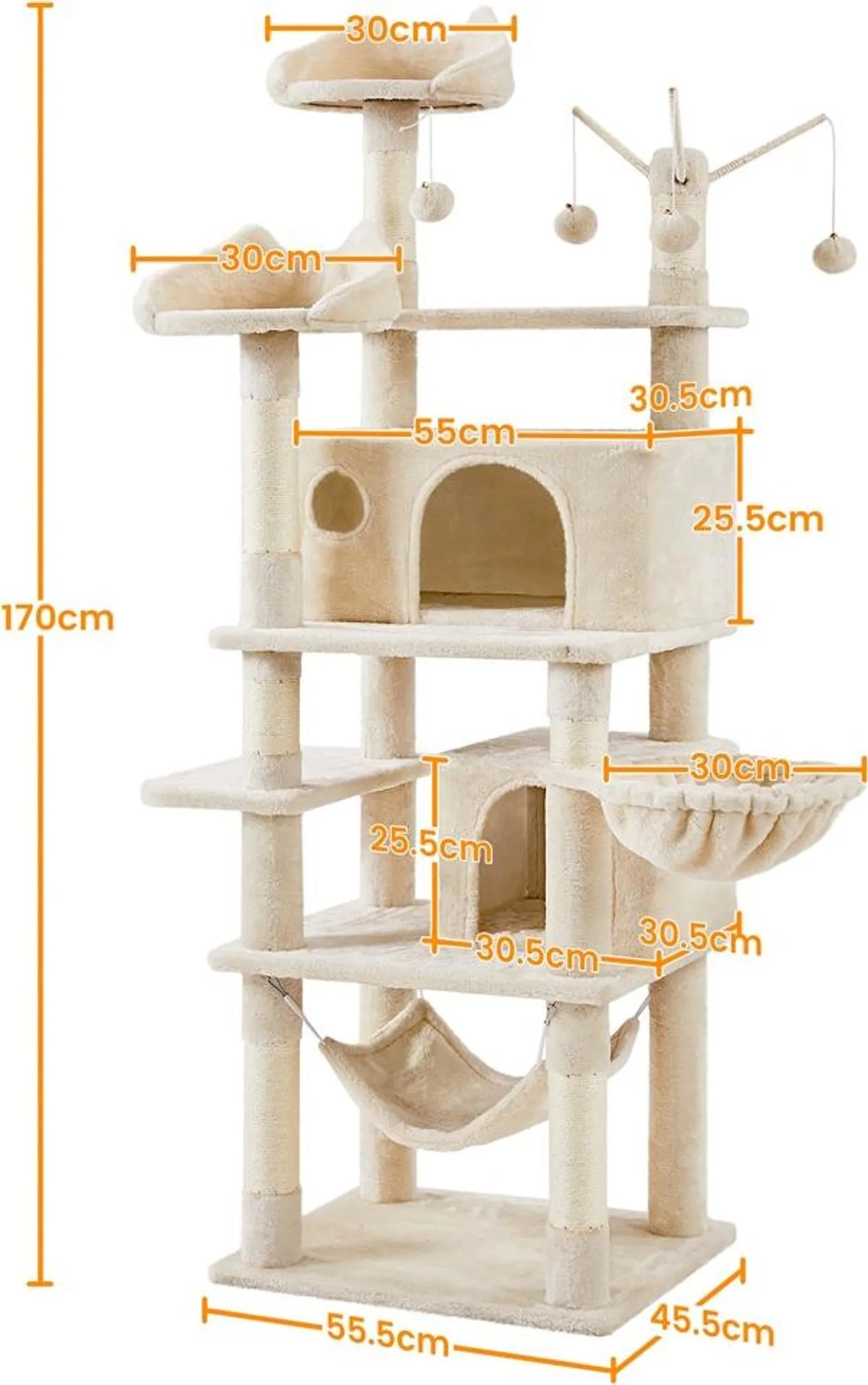 Yaheetech Krabpaal 170 cm - Beige - XL - 5 Niveaus - 2 Kattenholen - Hangmat - 7 Sispalpalen