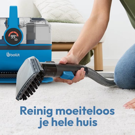 BOLLIT 4-in-1 Tapijtreiniger XL 1800W Ultra - Stoomreiniger en Vlekkenreiniger - 100° Stoom - Bankreiniger - Meubelreiniger - Handstomer - Matrasreiniger - Zetelreiniger - Reiniger voor auto, bank, vloer, en tapijt (V6 Azure Blauw)
