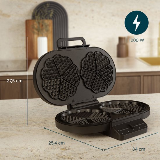 Princess 132384 Dubbel Wafelijzer - 10 hartvormige - 1200W - Regelbare thermostaat- 5 standen - Anti aanbaklaag - PFAS-vrij - Zwart - Gaufrier