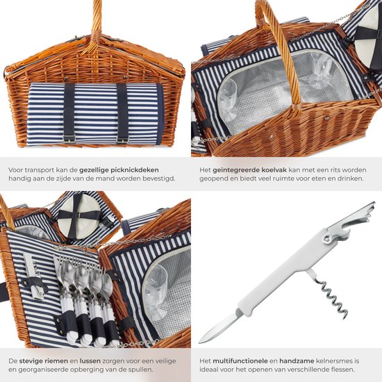 tectake® complete Picknickmand Set Vlieland - Luxe 23-delige Picknick set voor 4 personen - Rieten Picknick Mand met Picknickkleed - Inclusief Koelvak, Set met Borden, Kunststof Wijnglazen en Roestvrijstalen Bestek