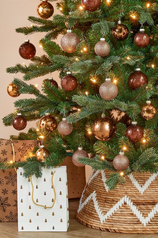 Mica Decorations Kerstballenset van Glas - Kerstballen met Glans en Glitter - Kerstversiering voor de Kerstboom - Piek voor de Boomtop - Set van 42 Stuks - Ø7 cm - Bruin
