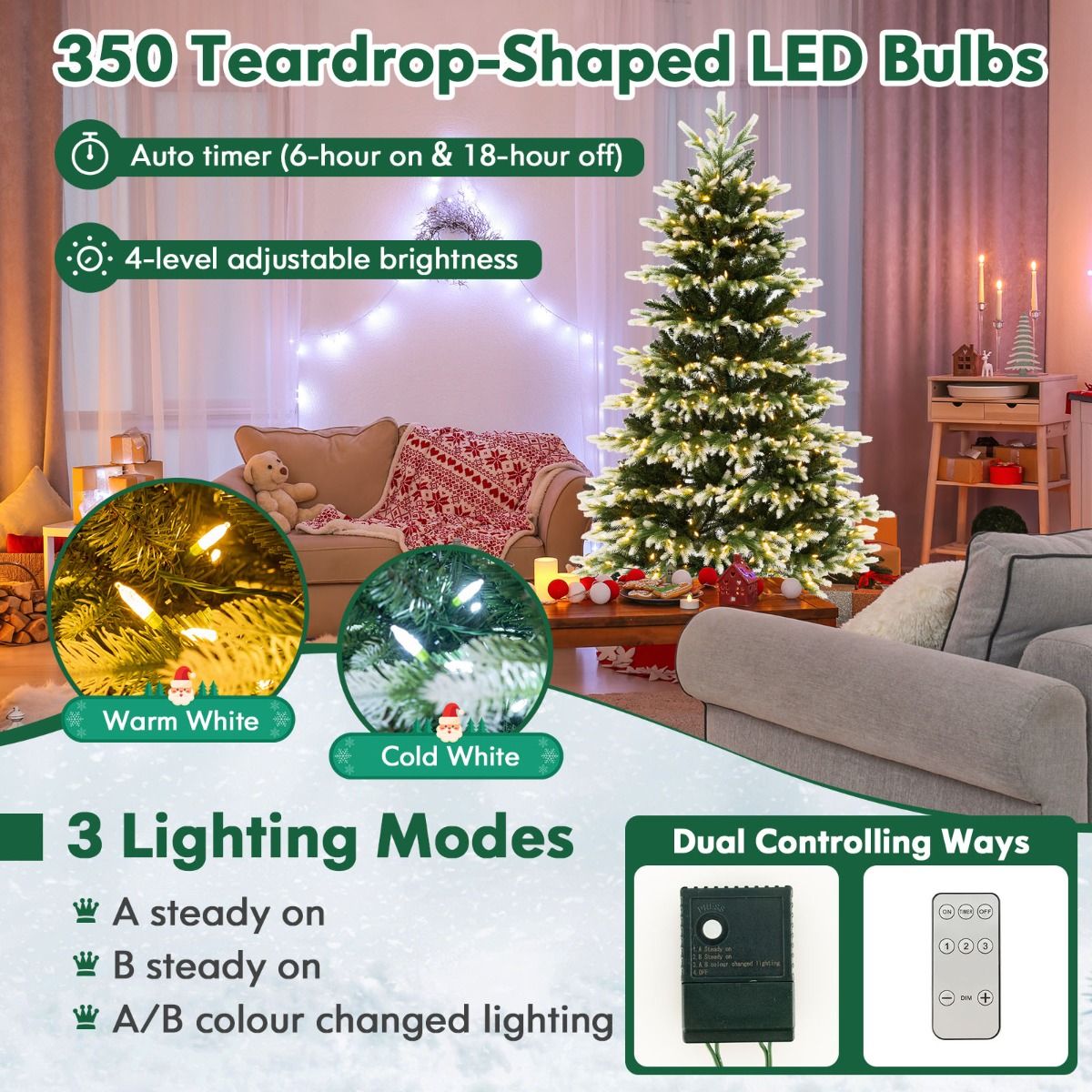 Coast Kunstkerstboom - 180 cm - 350 LED-verlichting - Sneeuweffect - Groen en wit