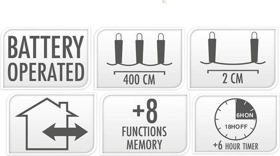 Micro Cluster 200 led - 4m - extra warm wit - Batterij - Lichtfuncties - Geheugen - Timer