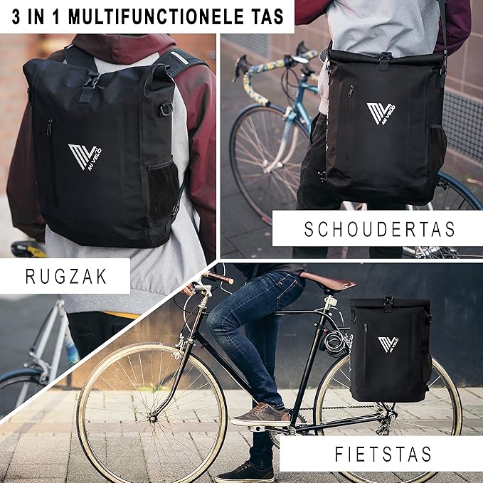 Mivelo 3 in 1 fietstas - fietsrugzak - schoudertas waterdicht 100% PVC-vrij, met laptopvak, bagagedragertas voor alle soorten fietsdragers - Zwart