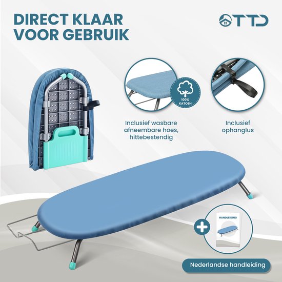 TTD® Uitklapbare Strijkplank Zonder Vouwlijn - Inclusief Mouwplankje en Ophanglus - Mini Strijkplank met Strijkijzerhouder - Opvouwbare Tafelstrijkplank - Kleine Inklapbare Strijkplank
