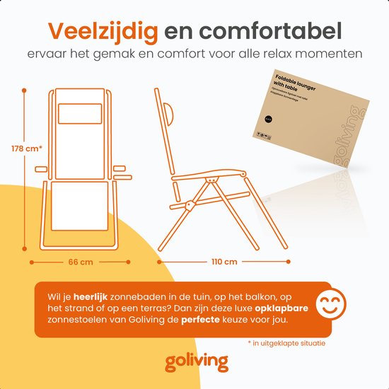 Goliving Opvouwbare Ligstoel - 3 Standen - 110 x 66 x 178 cm - Verstelbare Tuinstoel met Tafel - Inklapbare Campingstoel - Loungestoel Buiten - Vouwstoel Tuin - Zwart